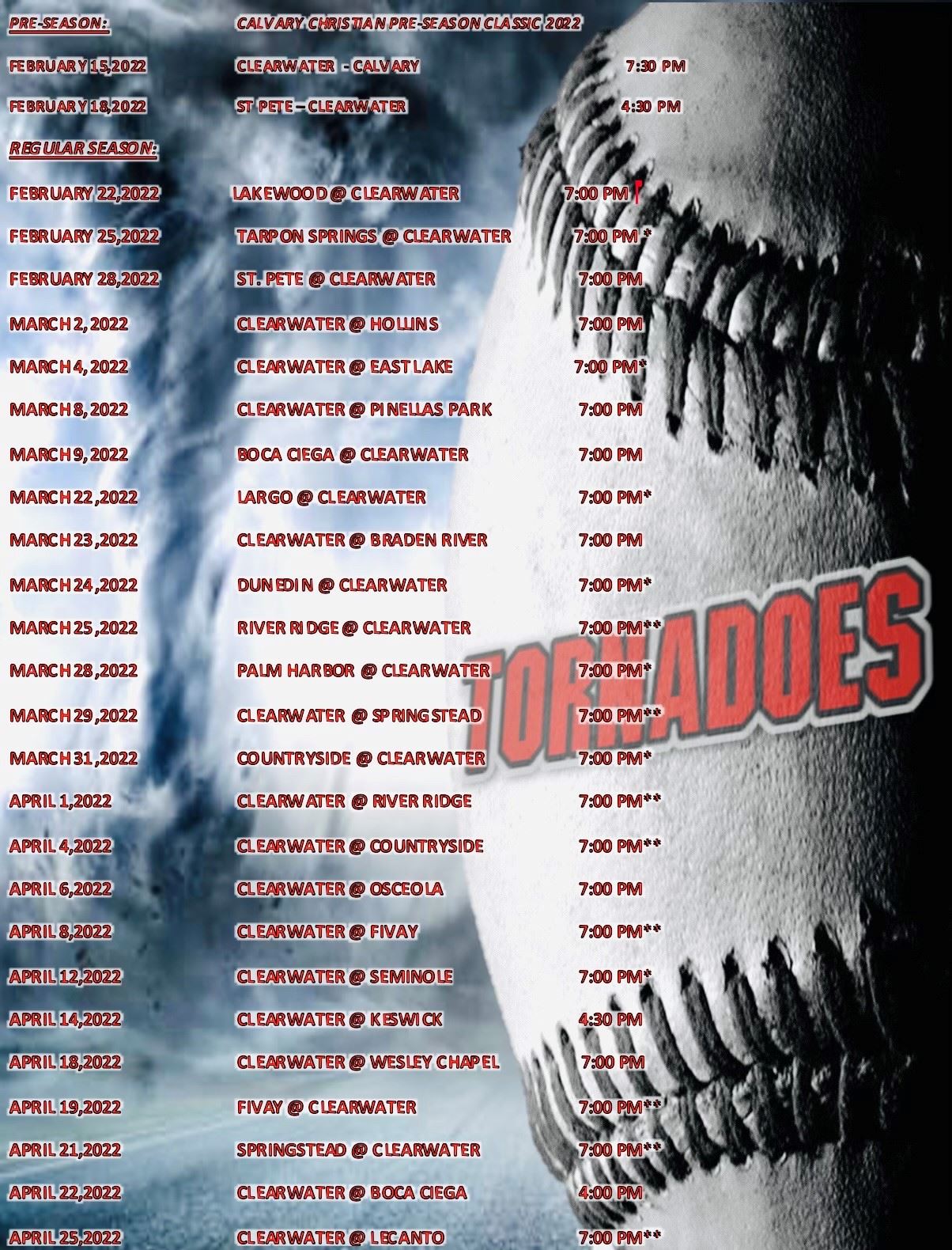 2022 Tornadoes Schedule